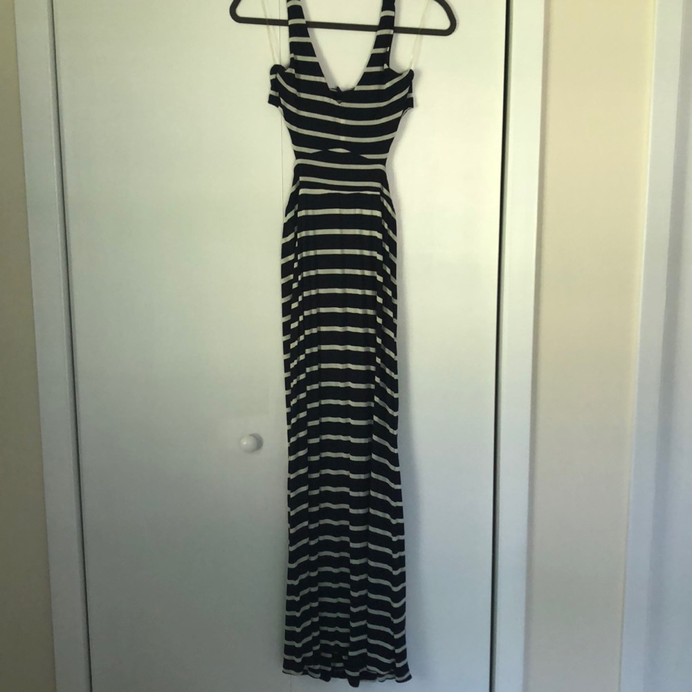 Navy striped open back maxi dress